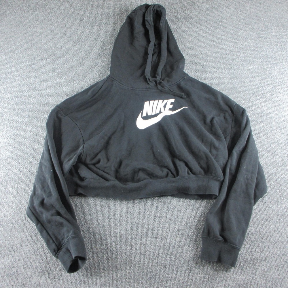 Nike Hoodie Womens M Black Fleece Cropped Pullover Swoosh Logo Athletic